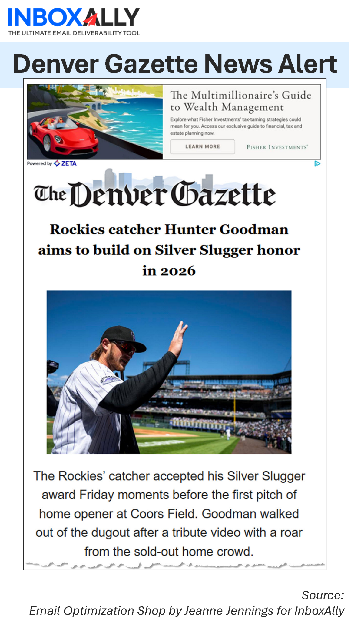 A baseball player in a Rockies uniform waves to fans during a ceremony; a newspaper headline, created using AI email summarization for an accurate summary, discusses his Silver Slugger award and future ambitions.