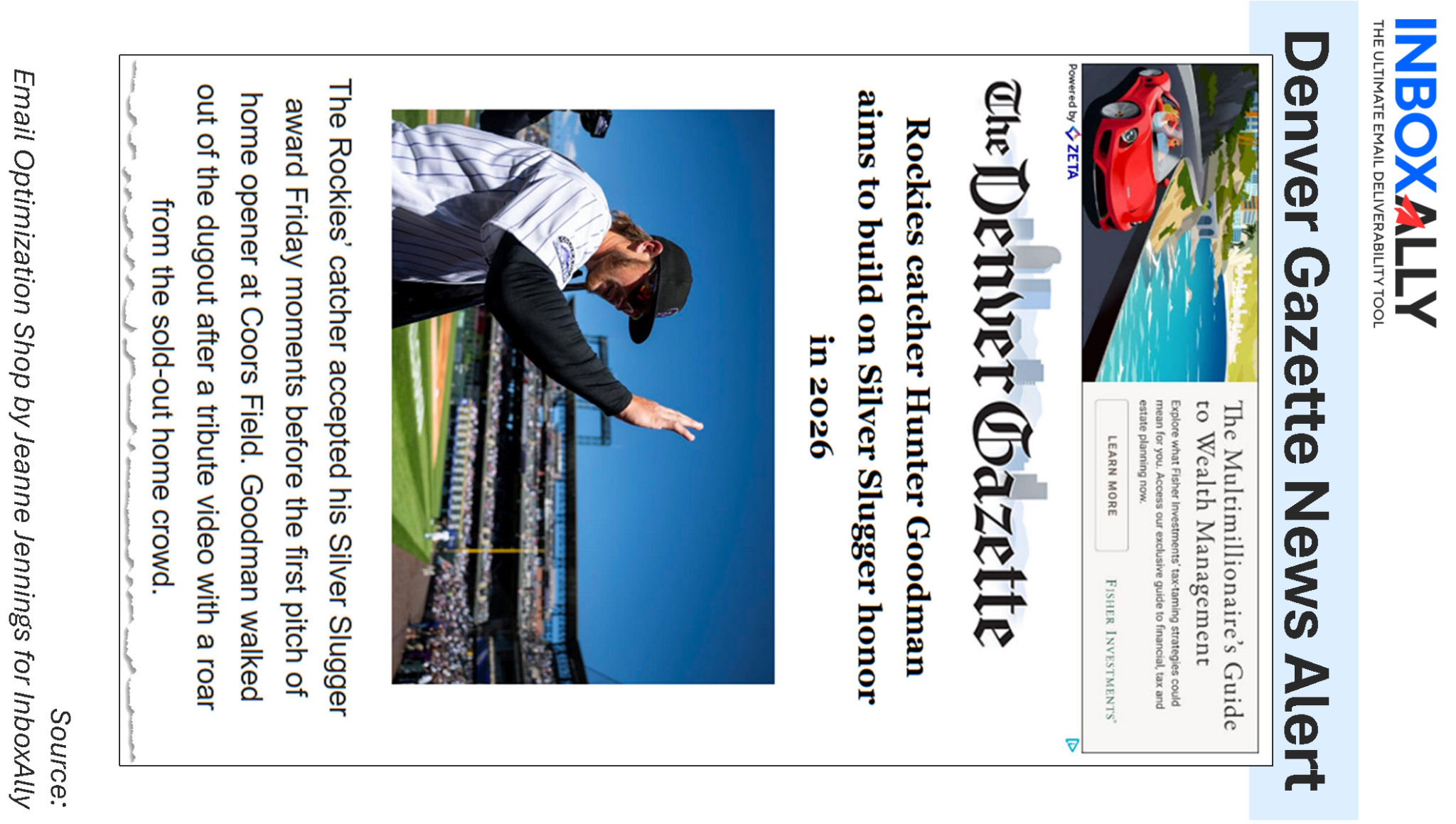 A baseball player in a Rockies uniform waves to fans during a ceremony; a newspaper headline, created using AI email summarization for an accurate summary, discusses his Silver Slugger award and future ambitions.