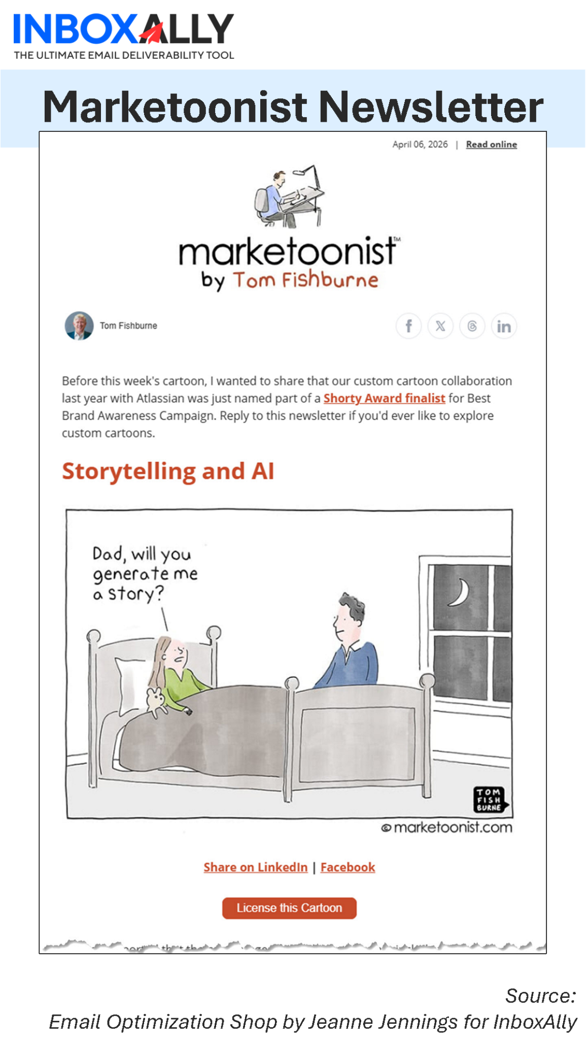 A child in bed asks their father, "Dad, will you tell me a story?" The father, holding a smartphone, replies, "Should I use AI email summarization or just summarize emails for you tonight?.