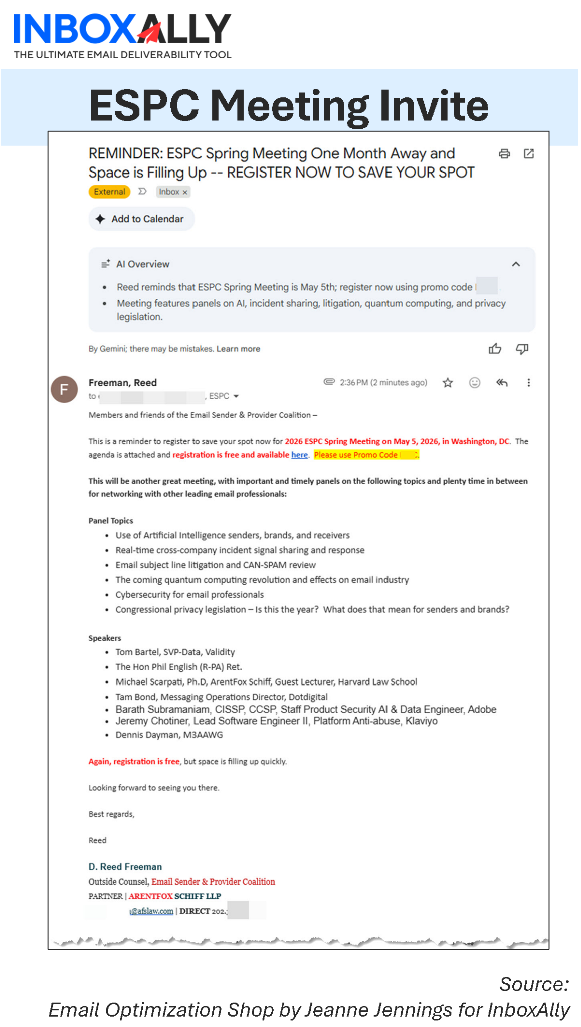 Screenshot of an email titled "ESPC Meeting Invite," featuring meeting details, registration info, and highlighted text. "INBOXALLY" and "Email Optimization Shop" branding are visible, showcasing AI email summarization for write effective emails.