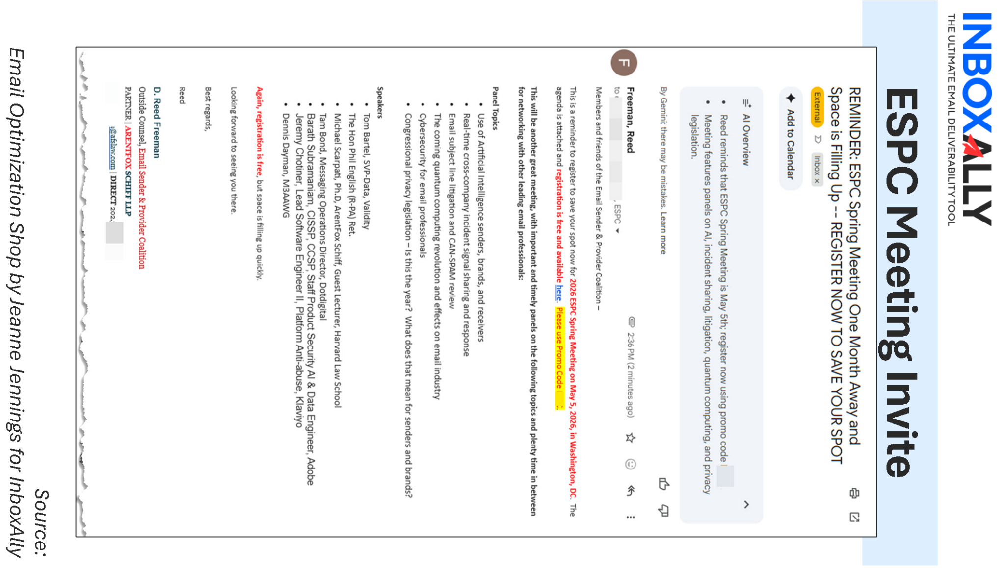 Screenshot of an email titled "ESPC Meeting Invite," featuring meeting details, registration info, and highlighted text. "INBOXALLY" and "Email Optimization Shop" branding are visible, showcasing AI email summarization for write effective emails.