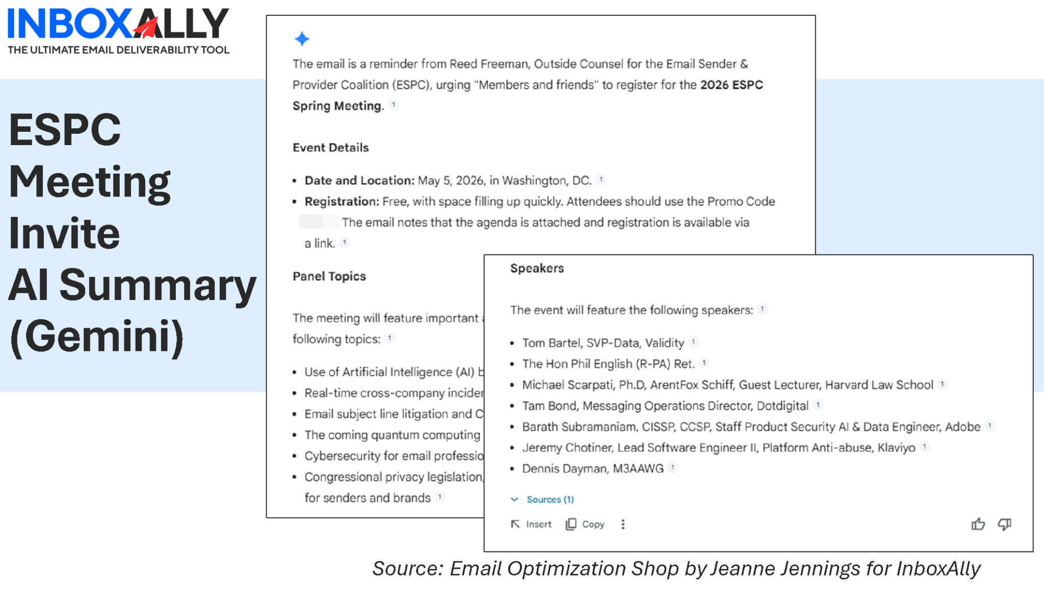 ESPC meeting invite with event details, panel topics on writing effective emails, and speaker list displayed in a text box; InboxAlly logo is at the top left.