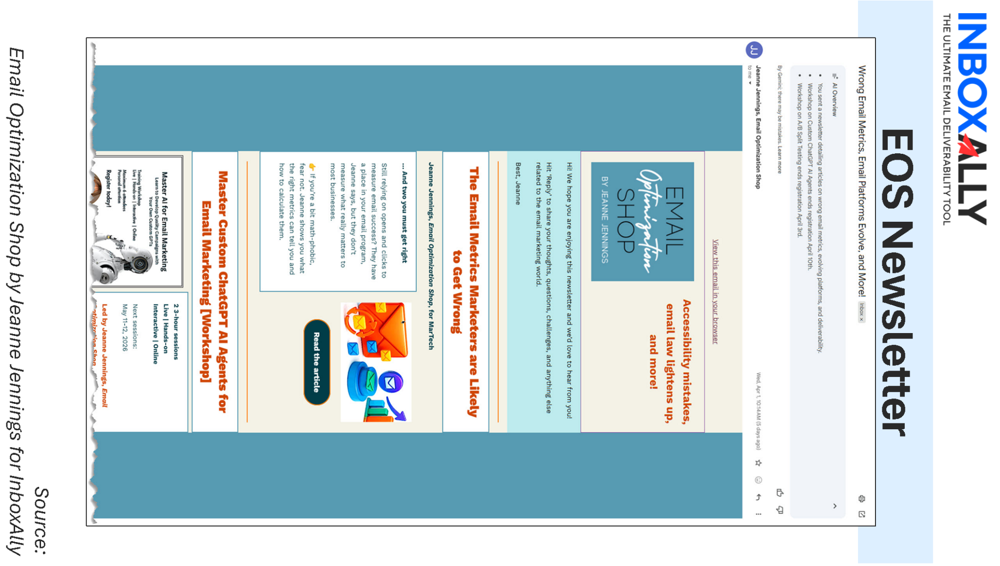 Screenshot of the EOS Newsletter from InboxAlly, featuring articles on email marketing strategies, industry news, AI email summarization tips, and a section about the Email Optimization Shop by Jeanne Jennings.