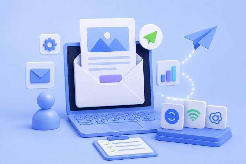 3D illustration of a laptop with an open envelope on the screen, surrounded by icons representing email newsletter software, settings, charts, and digital communication.