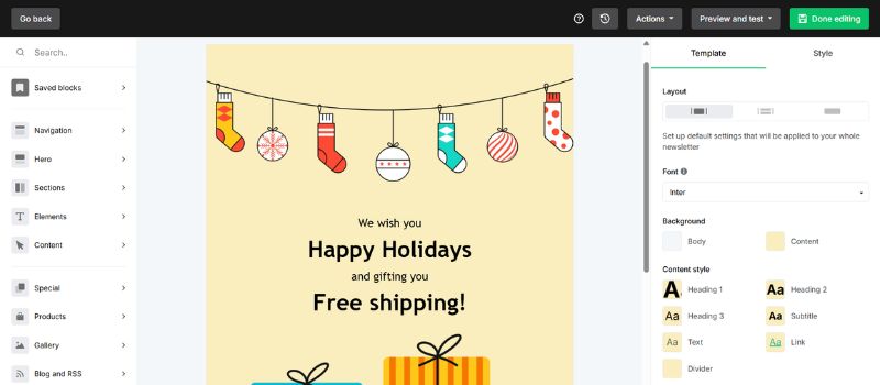 An email template editor for email marketing displays a holiday-themed message with hanging ornaments and stockings, offering “Happy Holidays” and “Free shipping!” alongside customization options using advanced newsletter tools on the right.