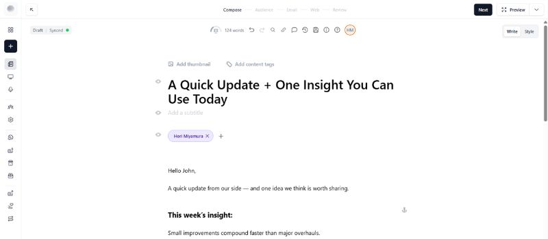 Screenshot of an email draft titled "A Quick Update + One Insight You Can Use Today," created with top Email Newsletter Software, featuring a short message and a highlighted section labeled "This week's insight.