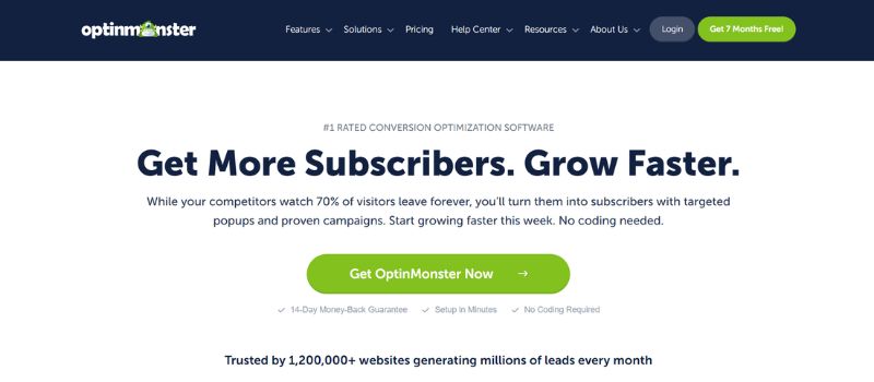 Homepage of OptinMonster promoting conversion optimization and powerful email newsletter software, featuring a call-to-action to get started, highlights of key features, and impressive customer trust statistics.