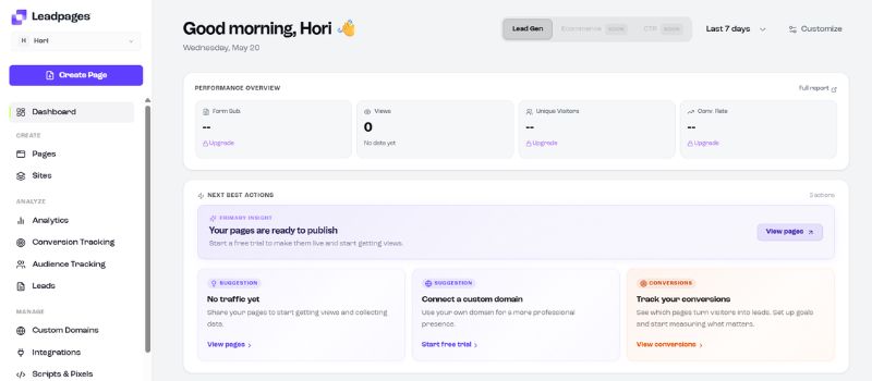 Screenshot of a Leadpages dashboard showing performance overview stats, navigation menu on the left, and notifications about pages ready to publish—ideal for integrating with email newsletter software or other leading newsletter tools.