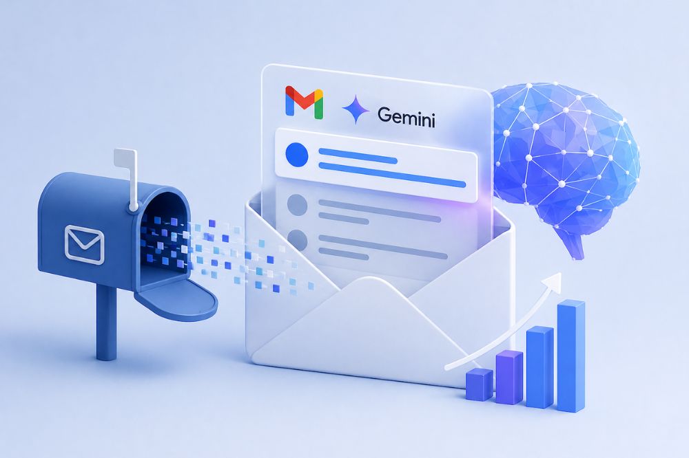 3D illustration of a mailbox sending digital mail to an envelope displaying Gmail and Gemini logos, with a brain, rising bar graph, and May 2026 Email Deliverability trends shaping the future of the AI Inbox in the background.