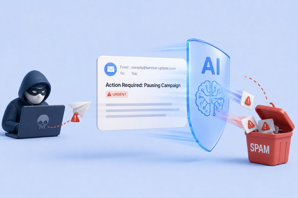 A hooded figure sends spam emails, blocked by an AI Inbox shield that redirects them into a spam folder labeled with warning icons for improved email deliverability.