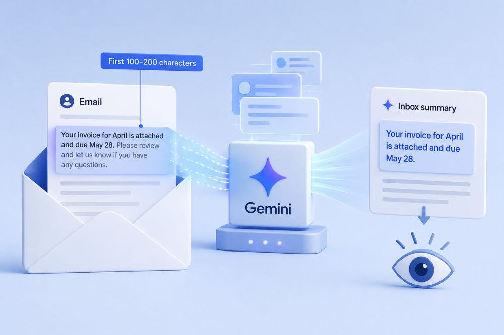 Illustration of an AI Inbox system with digital icons, highlighting strong email deliverability as it displays an invoice notification for April due May 28, alongside a clear message summary.