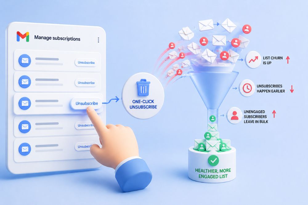 A hand clicks "Unsubscribe" in an email list interface. An illustrated funnel sorts emails into groups, highlighting subscriber engagement, churn, and the role of AI Inbox features in boosting email deliverability.