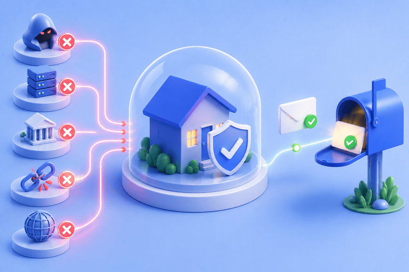 A house in a glass dome with a shield icon is protected from threats, while secure mail—safeguarded by email warm-up to avoid blacklisting—is delivered safely; various threats are blocked by red X icons.
