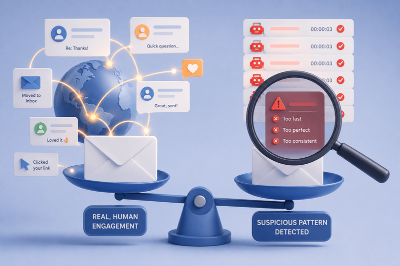 A scale compares real human engagement emails on the left with suspicious, pattern-detected emails under a magnifying glass on the right; text labels highlight key differences and tips to avoid blacklisting through proper email warm-up techniques.