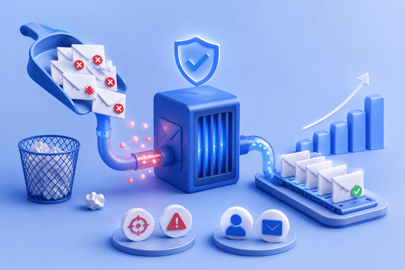 3D illustration of a filtration system sorting emails, removing spam and virus-marked messages to avoid blacklisting, allowing only safe emails through, with icons for settings, alerts, users, and email.