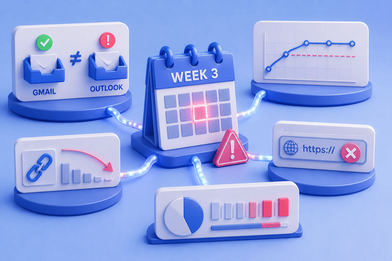 3D illustration of a calendar marked at week 3, surrounded by icons representing email warm-up, charts, a warning symbol to avoid blacklisting, a link, and website status, all connected by glowing lines.