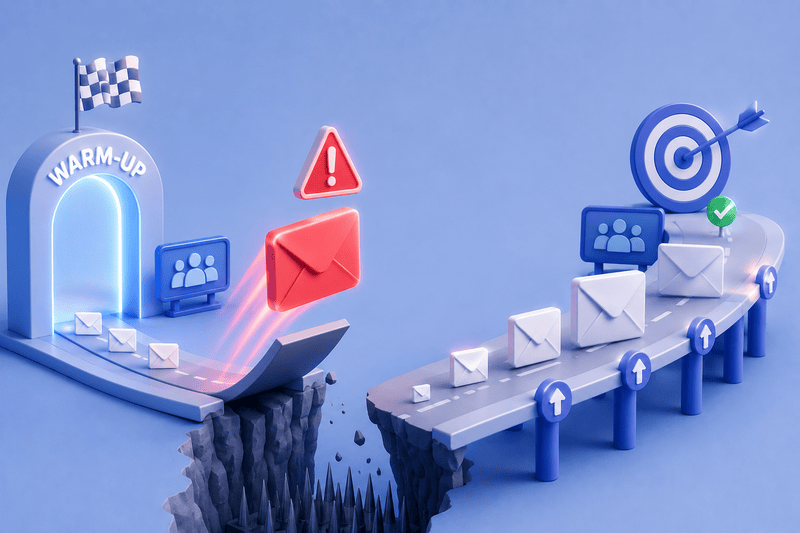 3D illustration of email icons traveling from a "Warm-Up" portal over a broken bridge toward a target, symbolizing email deliverability and the risks of not warming up accounts—and how proper email warm-up helps avoid blacklisting.