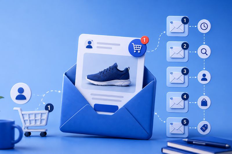A digital illustration showing a Remarketing email flow with a sneaker image inside an envelope, a shopping cart icon with a notification, and a chain of five emails depicting steps designed to bring people back to complete their online shopping.