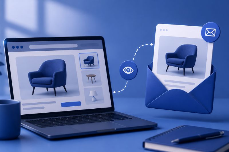 A laptop displays an online furniture shop with a blue armchair, next to an envelope containing a printout of the same armchair image—perfect for illustrating remarketing email examples—surrounded by blue office supplies.