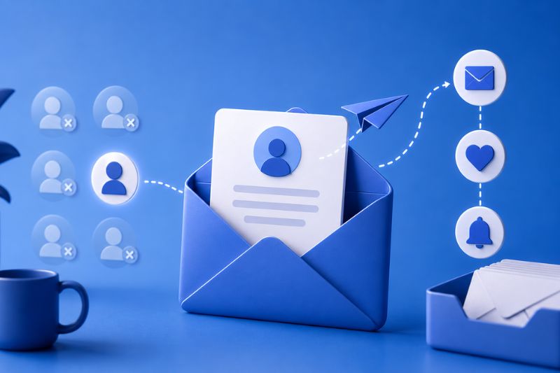A blue envelope with a document showing a user icon, surrounded by icons for email, contacts, a paper plane, heart, and bell—illustrating digital communication and notifications inspired by email flow examples to bring people back.