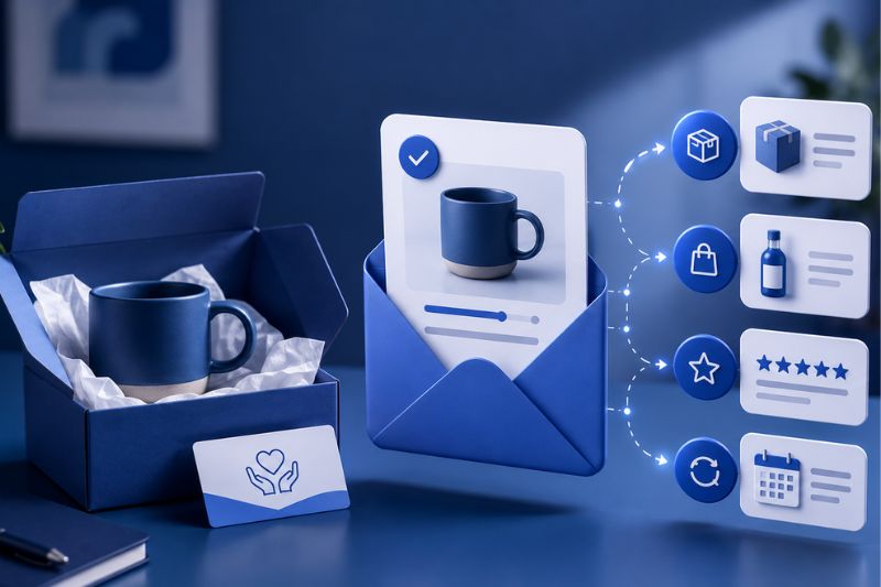 A blue mug in an open gift box beside a digital email with mug image and icons for shopping, delivery, rating, and scheduling—perfect for remarketing email flow strategies to bring people back.