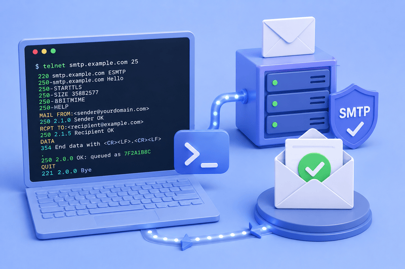Illustration of a laptop displaying SMTP commands, connected to a mail server and email icons, representing email transmission and server communication through a Telnet SMTP test.