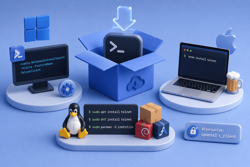 3D icons of Windows, macOS, and Linux, each with a terminal showing Telnet SMTP test commands; a box with a terminal icon is in the center, all set against a blue background.