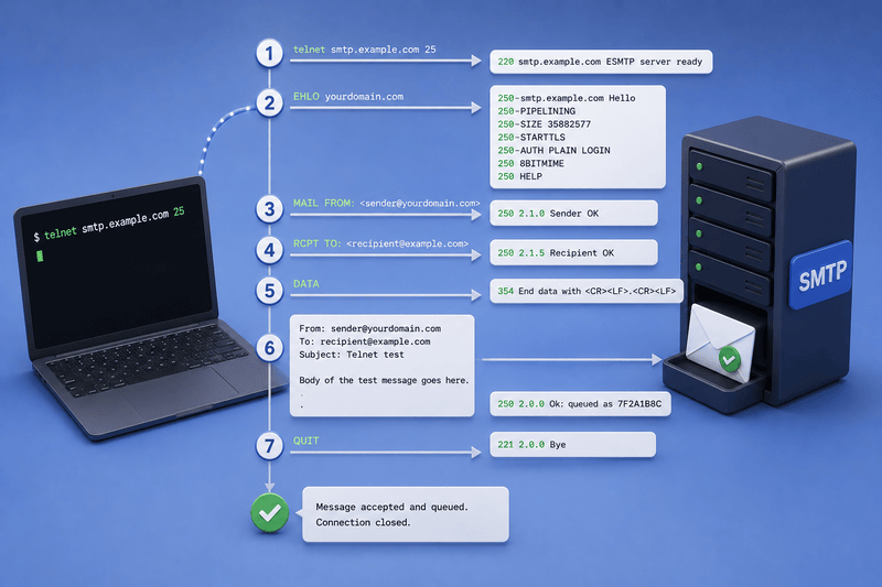 Diagram showing an SMTP test of the email sending process between a laptop and an SMTP server, with step-by-step command and response exchanges highlighted—ideal for illustrating a Telnet SMTP test.