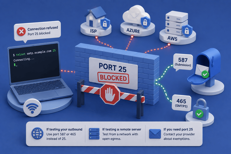 A diagram shows Port 25 blocked for email sending between a laptop, ISP, Azure, and AWS. It suggests trying Ports 587 or 465, using Telnet SMTP test for troubleshooting, and following guidance for network and provider exceptions.