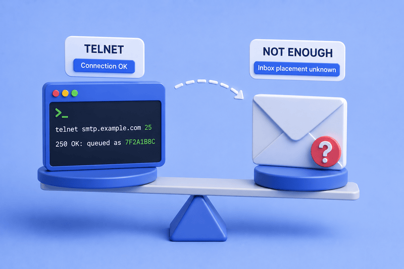 A balance scale shows a computer monitor labeled "Telnet SMTP test, Connection OK" on one side and an envelope labeled "Not Enough, Inbox placement unknown" on the other side.