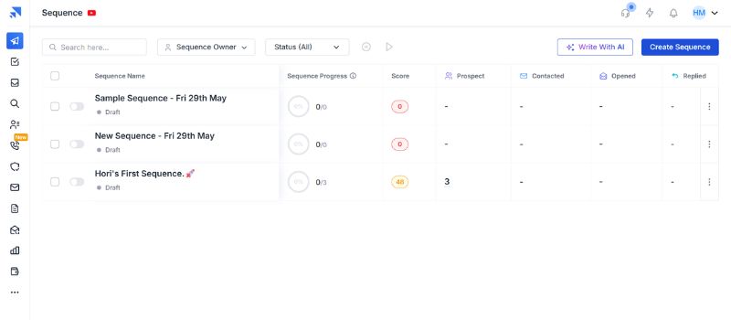 Screenshot of a web dashboard displaying a list of email sequences with columns for progress, score, prospects, status indicators, and action buttons—ideal for those seeking the best cold email software to increase reply rates.