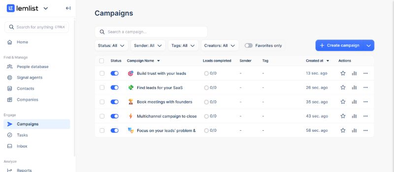 Screenshot of the Lemlist dashboard showcasing cold email software in action, with a list of campaigns, their statuses, number of leads completed, scores, and creation dates—helping you land more replies efficiently.