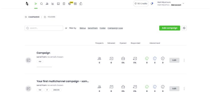 Screenshot of a cold email software dashboard displaying campaign lists, performance metrics, and options to filter, add, or edit campaigns—designed to help you land more replies with ease.