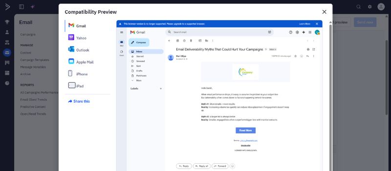 A compatibility preview window displays how an email from your Email Sender appears in Gmail, showing the email content and a sidebar with other email client options like Yahoo, Outlook, and Apple Mail.