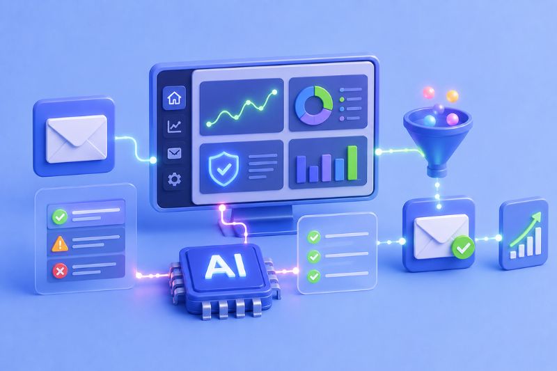 Graphic showing AI tools automating email deliverability audits through real-time monitoring and performance analysis
