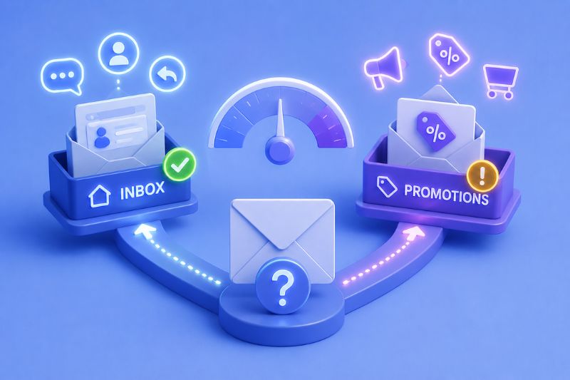 Graphic showing how modern email filtering determines whether messages reach the inbox or promotions tab