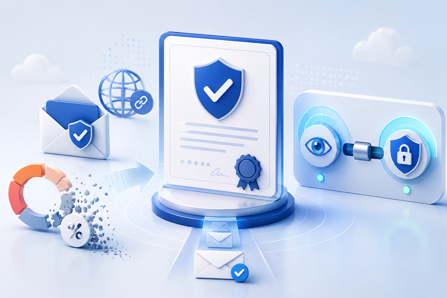 A digital illustration showing Email News, a certificate with enhanced email deliverability in June 2026.