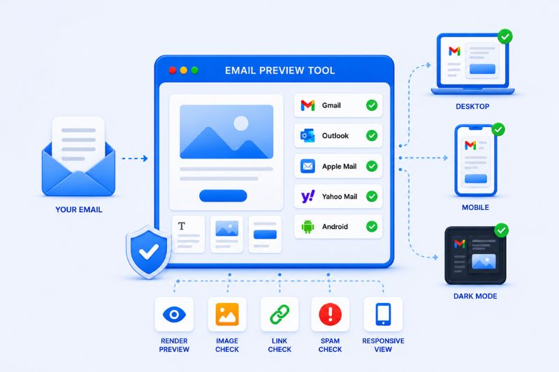 Diagram of an email preview tool highlighting cross-client testing and compatibility checks for Gmail, Outlook, Apple Mail, Yahoo Mail, and Android across desktop, mobile, and dark mode, with icons for various email testing features.