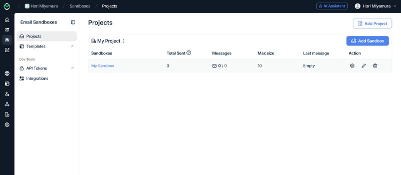 A dashboard screen displays the “Projects” section with one project listed under “My Project,” showing sandbox details, options to add a project or sandbox, and integrated email testing features like cross-client testing.