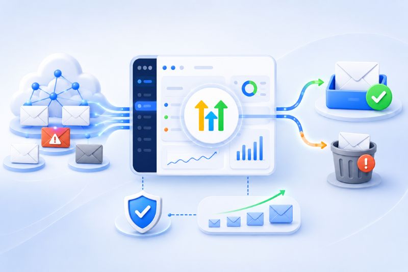 Illustration of an email filtering system sorting messages to the Inbox, trash, or spam, featuring icons for security, cloud storage, graphs, notifications, and highlighting GoHighLevel’s advanced Email Deliverability.
