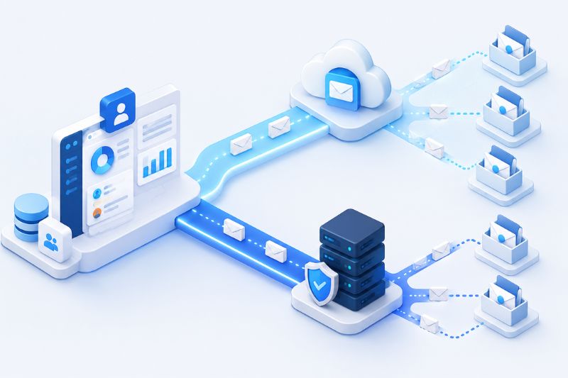 Diagram of a digital communication network showing GoHighLevel emails transferred between servers, cloud storage, and multiple inboxes with icons representing data, security, and enhanced email deliverability.