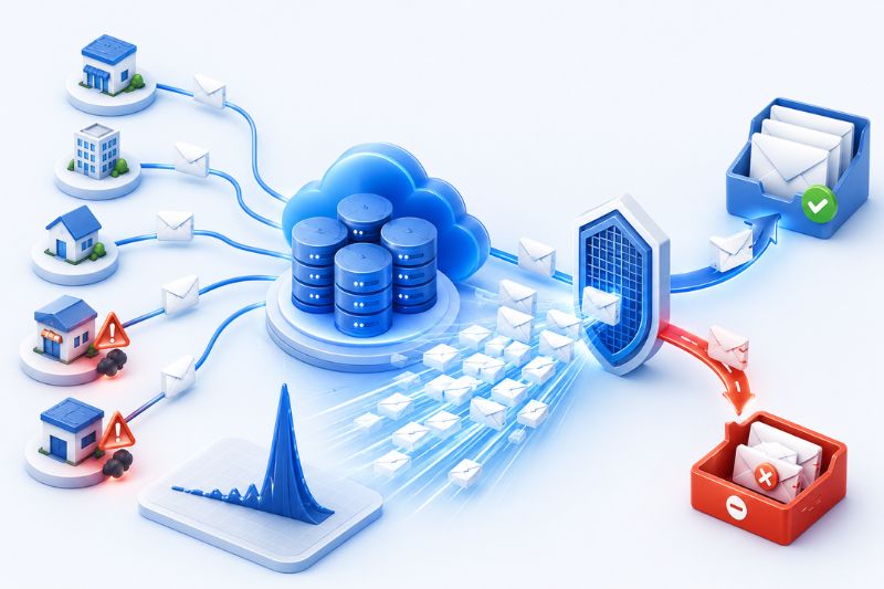 Illustration of cloud email filtering: emails from various sources enter the cloud, are filtered by a security gateway to enhance Email Deliverability, and then sorted into the Inbox as safe or blocked as spam.