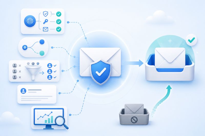 Diagram illustrating the email security process in GoHighLevel, with icons for filtering, protection, and analysis to improve inbox placement, ensure email deliverability, and block suspicious messages.