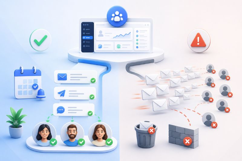 Illustration of an inbox management system showing approved users, calendar, and analytics on the left, and spam or blocked emails being filtered to enhance email deliverability on the right.