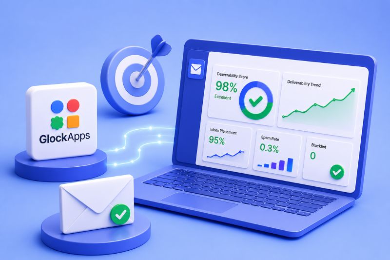 Email deliverability monitoring dashboard visualizing inbox placement, spam rate, blacklist checks, and overall campaign health