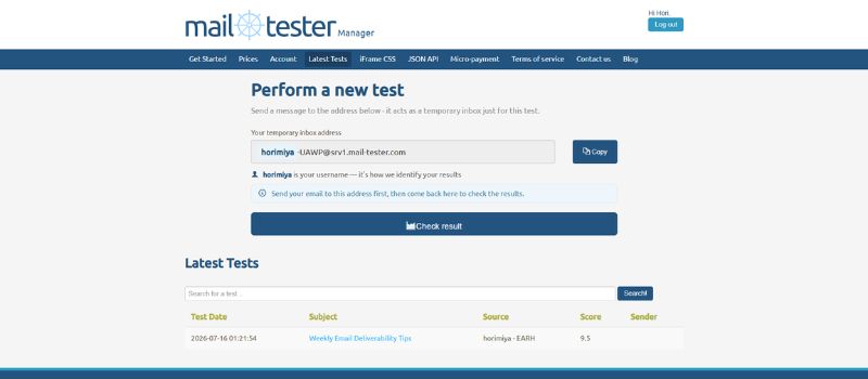 Mail-Tester dashboard providing a temporary inbox for email deliverability and spam score testing.