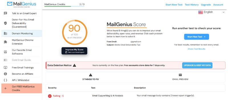 MailGenius dashboard displaying an email deliverability score and actionable recommendations to improve inbox placement.