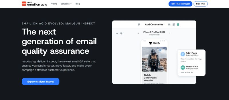 Email on Acid homepage highlighting email quality assurance and inbox rendering testing capabilities.