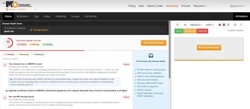 MXToolbox monitoring dashboard reporting domain health, email authentication issues, and deliverability recommendations.
