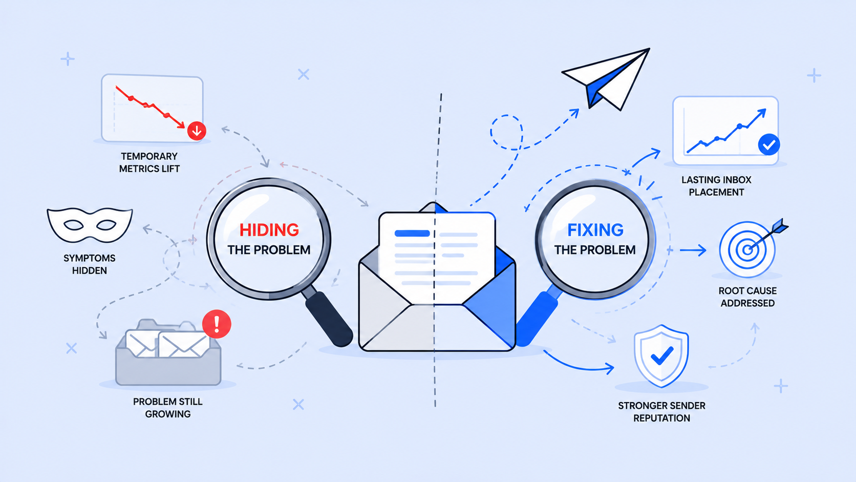 Infographic comparing "Fixing Your Email Deliverability or Just Hiding the Problem" in email delivery, highlighting negative short-term effects of masking issues versus lasting positive outcomes from genuine fixes.